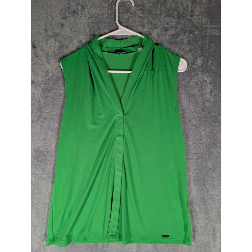 Tahari ASL Womens Kelly Green Pleated V-Neck Sleeveless Knit Shell‎ Top Size L